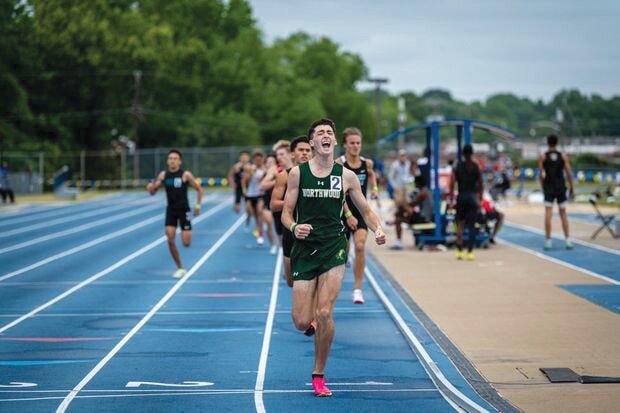 Northwood junior Noah Nielson celebrates after winning the 800-meter run at the 3A track and field championships in Greensboro this past weekend.